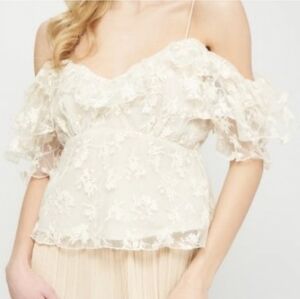 ZARA Embroidered Sheer Ruffled Off-the-shoulder Cream Blouse Size XS